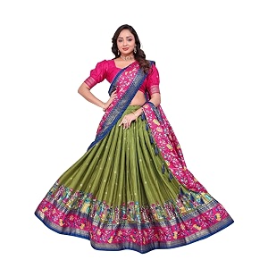 women39s trending designeer tussar silk lehenga choli print with foil work with unstitched blouse patola print adorned with foil work for navrati  wedding