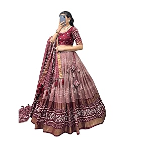 women39s trending designeer tussar silk lehenga choli print with foil work with unstitched blouse patola print adorned with foil work for navrati  wedding