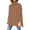 Women's Turtleneck Oversized Sweaters Long Sleeve Split Hem Striped Knit Pullover Tops