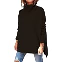 Women's Turtleneck Oversized Sweaters Long Sleeve Split Hem Striped Knit Pullover Tops