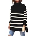 Women's Turtleneck Oversized Sweaters Long Sleeve Split Hem Striped Knit Pullover Tops
