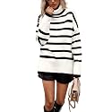 Women's Turtleneck Oversized Sweaters Long Sleeve Split Hem Striped Knit Pullover Tops