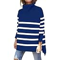 Women's Turtleneck Oversized Sweaters Long Sleeve Split Hem Striped Knit Pullover Tops