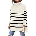 Women's Turtleneck Oversized Sweaters Long Sleeve Split Hem Striped Knit Pullover Tops
