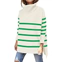 Women's Turtleneck Oversized Sweaters Long Sleeve Split Hem Striped Knit Pullover Tops