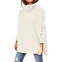 Women's Turtleneck Oversized Sweaters Long Sleeve Split Hem Striped Knit Pullover Tops