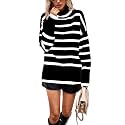 Women's Turtleneck Oversized Sweaters Long Sleeve Split Hem Striped Knit Pullover Tops