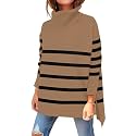 Women's Turtleneck Oversized Sweaters Long Sleeve Split Hem Striped Knit Pullover Tops