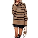 Women's Turtleneck Oversized Sweaters Long Sleeve Split Hem Striped Knit Pullover Tops