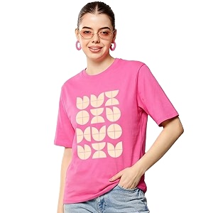 Womens Typography Round Neck Cotton-Blend T-Shirts Oversized