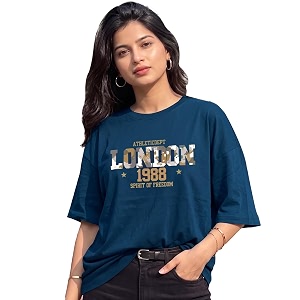 Womens Typography Round Neck Cotton-Blend T-Shirts Oversized