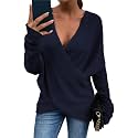 Women's V-Neck Crisscross Sweater Oversized Long Sleeve Cross Wrap Knit Pullover Top Fall Fashion Cute Sweaters
