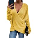Women's V-Neck Crisscross Sweater Oversized Long Sleeve Cross Wrap Knit Pullover Top Fall Fashion Cute Sweaters