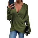 Women's V-Neck Crisscross Sweater Oversized Long Sleeve Cross Wrap Knit Pullover Top Fall Fashion Cute Sweaters