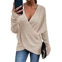 Women's V-Neck Crisscross Sweater Oversized Long Sleeve Cross Wrap Knit Pullover Top Fall Fashion Cute Sweaters