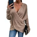 Women's V-Neck Crisscross Sweater Oversized Long Sleeve Cross Wrap Knit Pullover Top Fall Fashion Cute Sweaters
