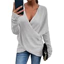 Women's V-Neck Crisscross Sweater Oversized Long Sleeve Cross Wrap Knit Pullover Top Fall Fashion Cute Sweaters