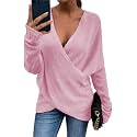 Women's V-Neck Crisscross Sweater Oversized Long Sleeve Cross Wrap Knit Pullover Top Fall Fashion Cute Sweaters