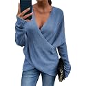 Women's V-Neck Crisscross Sweater Oversized Long Sleeve Cross Wrap Knit Pullover Top Fall Fashion Cute Sweaters