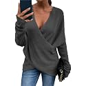 Women's V-Neck Crisscross Sweater Oversized Long Sleeve Cross Wrap Knit Pullover Top Fall Fashion Cute Sweaters