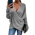 Women's V-Neck Crisscross Sweater Oversized Long Sleeve Cross Wrap Knit Pullover Top Fall Fashion Cute Sweaters