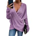Women's V-Neck Crisscross Sweater Oversized Long Sleeve Cross Wrap Knit Pullover Top Fall Fashion Cute Sweaters