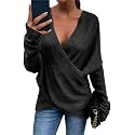 Women's V-Neck Crisscross Sweater Oversized Long Sleeve Cross Wrap Knit Pullover Top Fall Fashion Cute Sweaters
