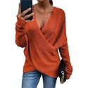Women's V-Neck Crisscross Sweater Oversized Long Sleeve Cross Wrap Knit Pullover Top Fall Fashion Cute Sweaters