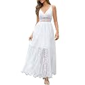 MERMAID'S CLOSET Women's V Neck Spaghetti Strap Floral Lace Formal Dress White Cocktail Party Wedding Bridesmaid Maxi Dresses
