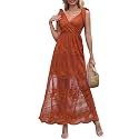 Women V Neck Tie Strap Embroidered Lace Maxi Wedding Dress Sleeveless V-Back Boho Brides Bridesmaid Wedding Guest Party Dresses Orange
