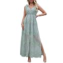 MERMAID'S CLOSET Women V Neck Tie Strap Embroidered Lace Maxi Wedding Dress Sleeveless V-Back Boho Brides Bridesmaid Wedding Guest Party Dresses Sage Green, Small