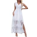 MERMAID'S CLOSET Women V Neck Tie Strap Embroidered Lace White Maxi Wedding Dress Sleeveless V-Back Boho Brides Bridesmaid Wedding Guest Party Dresses
