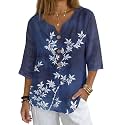 Women's V-Neck Tunic Top, Casual Polyester Linen Blouse with Decorative Buttons, Loose Fit Easy Care Everyday Wear