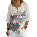Women's V-Neck Tunic Top, Casual Polyester Linen Blouse with Decorative Buttons, Loose Fit Easy Care Everyday Wear