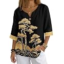 Women's V-Neck Tunic Top, Casual Polyester Linen Blouse with Decorative Buttons, Loose Fit Easy Care Everyday Wear