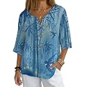 Women's V-Neck Tunic Top, Casual Polyester Linen Blouse with Decorative Buttons, Loose Fit Easy Care Everyday Wear