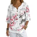 Women's V-Neck Tunic Top, Casual Polyester Linen Blouse with Decorative Buttons, Loose Fit Easy Care Everyday Wear
