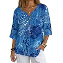 Women's V-Neck Tunic Top, Casual Polyester Linen Blouse with Decorative Buttons, Loose Fit Easy Care Everyday Wear