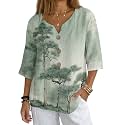 Women's V-Neck Tunic Top, Casual Polyester Linen Blouse with Decorative Buttons, Loose Fit Easy Care Everyday Wear