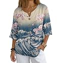 Women's V-Neck Tunic Top, Casual Polyester Linen Blouse with Decorative Buttons, Loose Fit Easy Care Everyday Wear