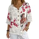 Women's V-Neck Tunic Top, Casual Polyester Linen Blouse with Decorative Buttons, Loose Fit Easy Care Everyday Wear