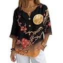 Women's V-Neck Tunic Top, Casual Polyester Linen Blouse with Decorative Buttons, Loose Fit Easy Care Everyday Wear