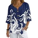 Women's V-Neck Tunic Top, Casual Polyester Linen Blouse with Decorative Buttons, Loose Fit Easy Care Everyday Wear