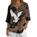Women's V-Neck Tunic Top, Casual Polyester Linen Blouse with Decorative Buttons, Loose Fit Easy Care Everyday Wear