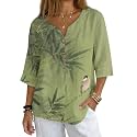 Women's V-Neck Tunic Top, Casual Polyester Linen Blouse with Decorative Buttons, Loose Fit Easy Care Everyday Wear