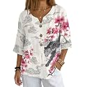 Women's V-Neck Tunic Top, Casual Polyester Linen Blouse with Decorative Buttons, Loose Fit Easy Care Everyday Wear