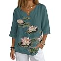 Women's V-Neck Tunic Top, Casual Polyester Linen Blouse with Decorative Buttons, Loose Fit Easy Care Everyday Wear