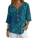 Women's V-Neck Tunic Top, Casual Polyester Linen Blouse with Decorative Buttons, Loose Fit Easy Care Everyday Wear