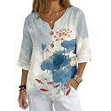 Women's V-Neck Tunic Top, Casual Polyester Linen Blouse with Decorative Buttons, Loose Fit Easy Care Everyday Wear