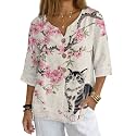 Women's V-Neck Tunic Top, Casual Polyester Linen Blouse with Decorative Buttons, Loose Fit Easy Care Everyday Wear